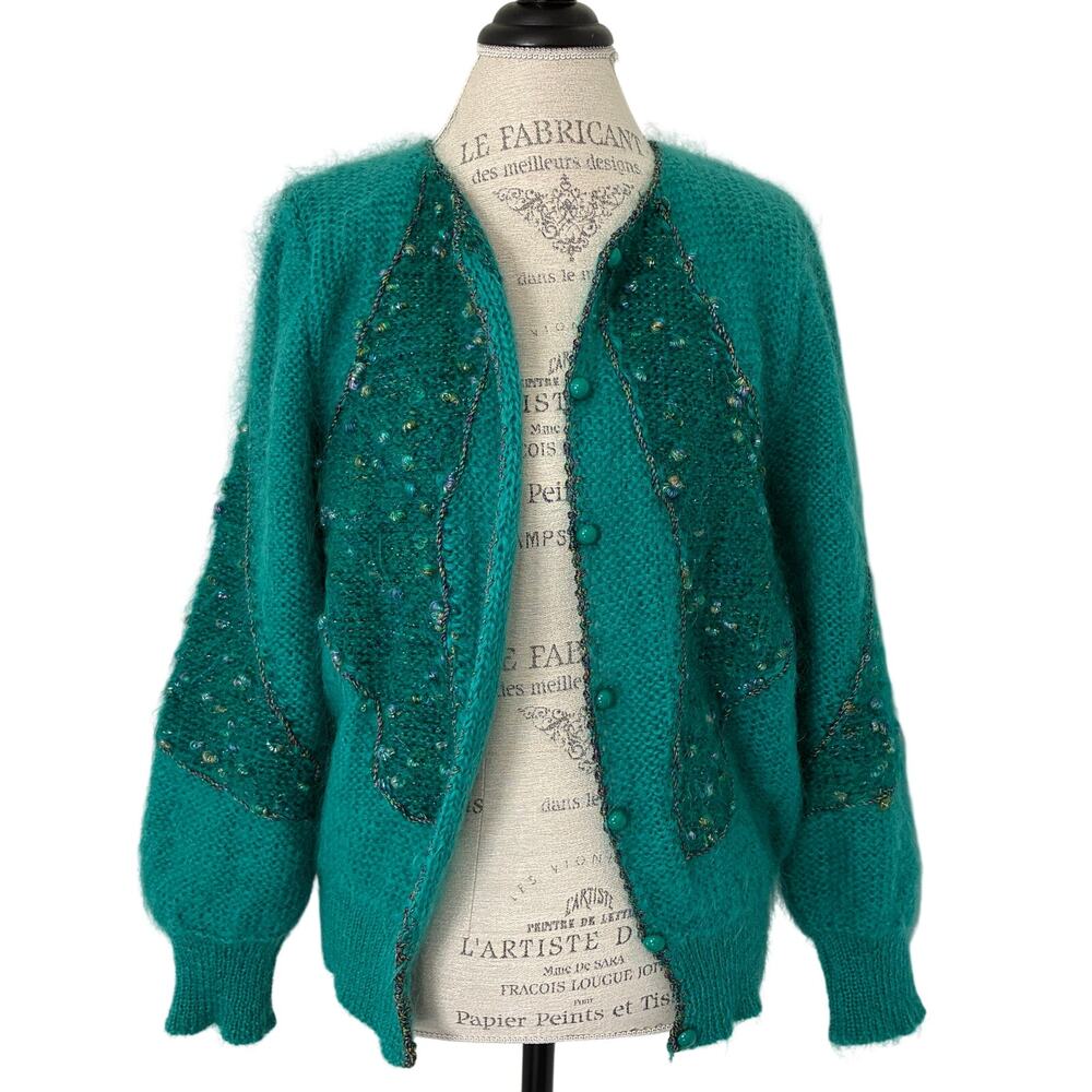 Vintage Teal Mohair-blend Fuzzy Cozy Balloon Sleeve Cardigan Size S